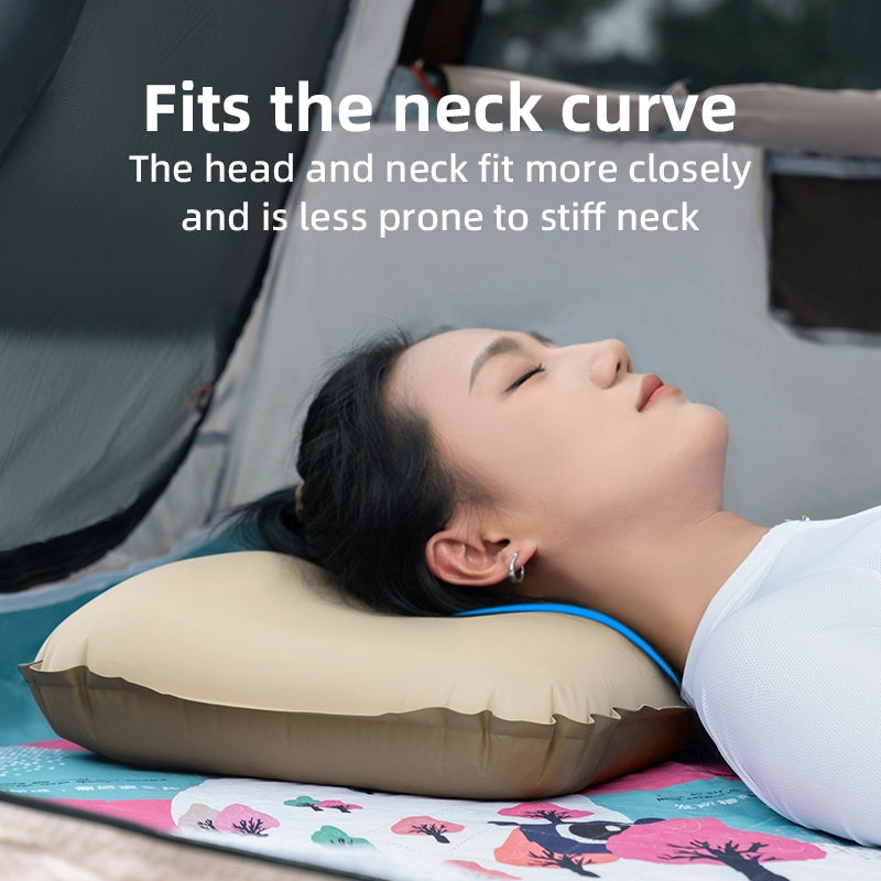 Person lying on a inflatable neck pillow with text highlighting its benefits