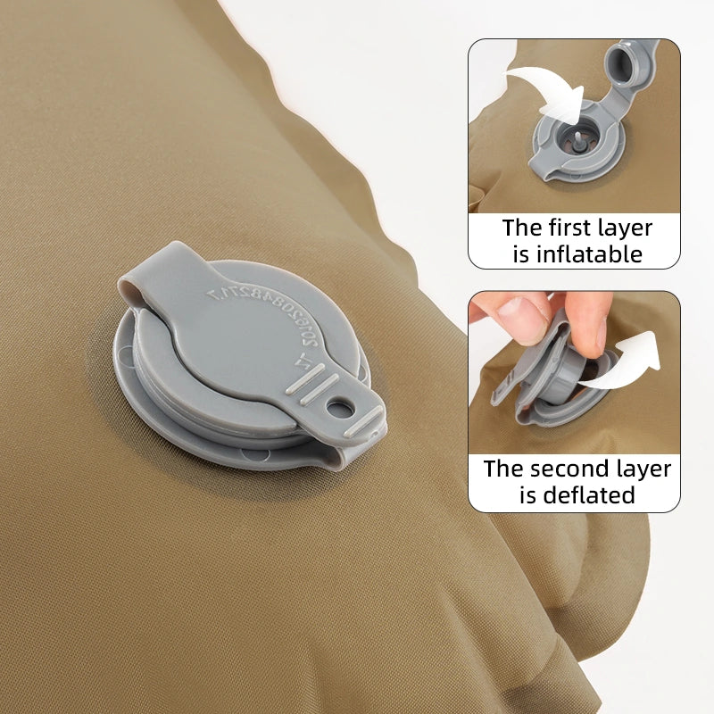 Inflatable and deflated valve on a beige fabric with text explaining their functions.