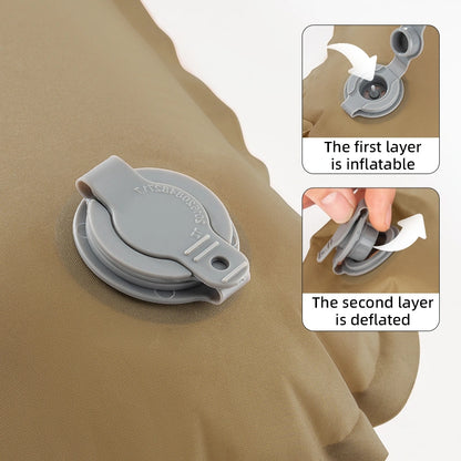 Inflatable and deflated valve on a beige fabric with text explaining their functions.