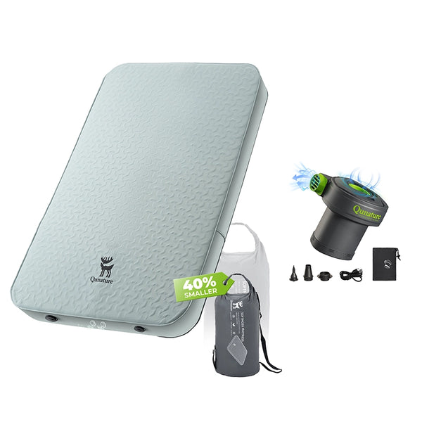 Outdoor equipment set with a portable air compressor, storage bag, and accessories on a white background.