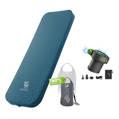 Blue sleeping pad with Qunature branding, including a pump and accessories on a white background.