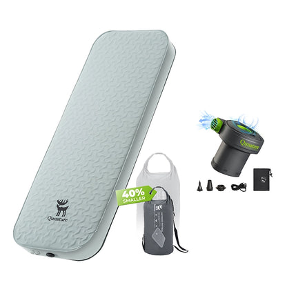 Qunature Nature inflatable mattress with pump, carrying bag, and accessories on a white background