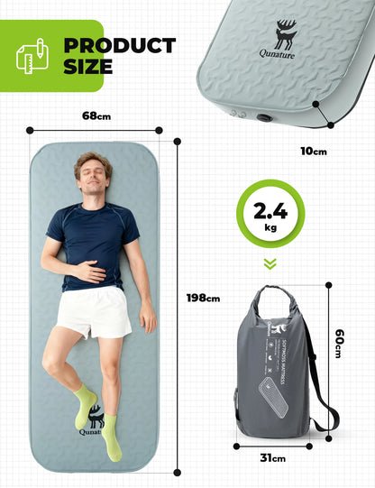 Inflatable camping mat with dimensions and weight displayed, featuring a person for scale.