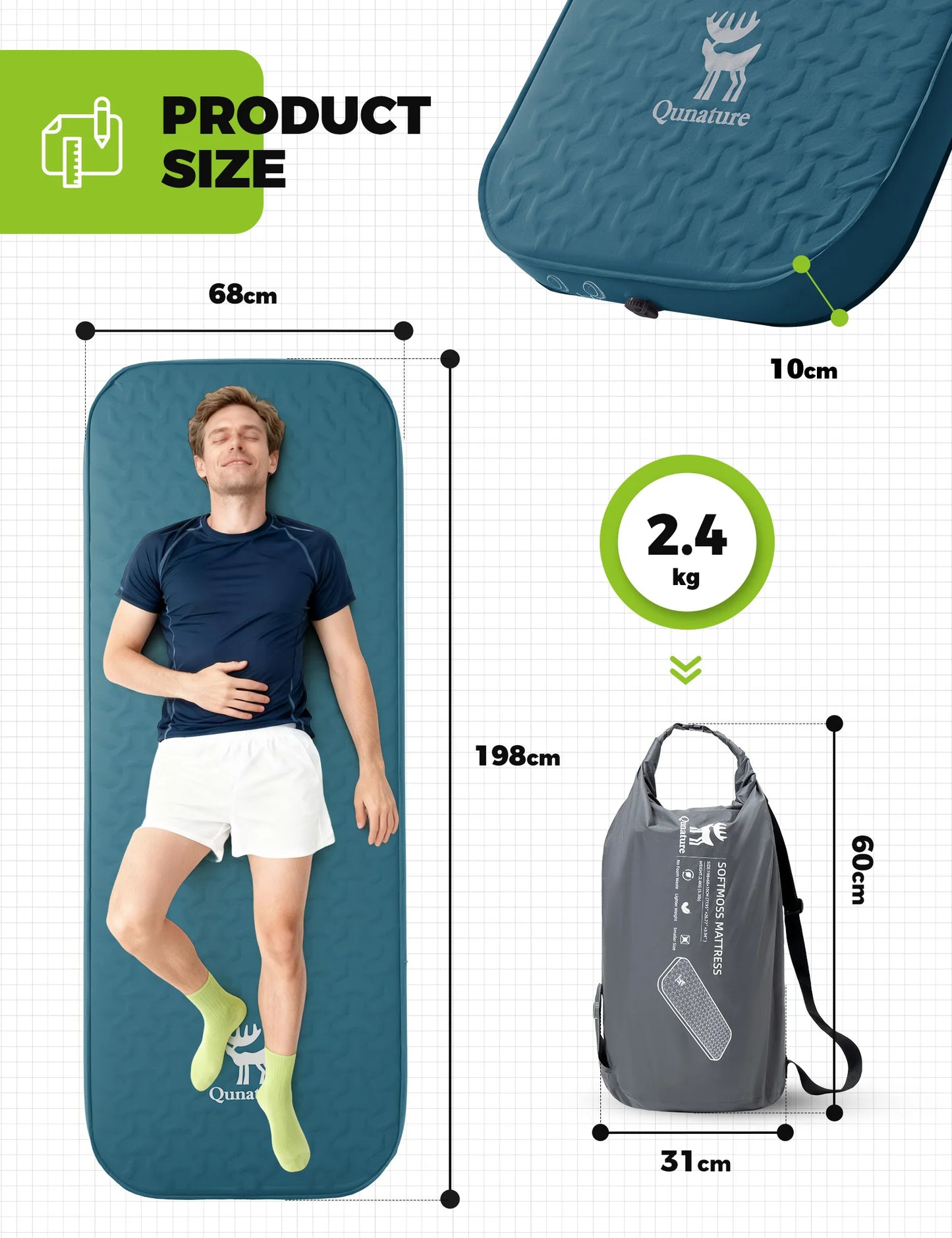Measurement chart showing dimensions of a sleeping mat and backpack with Qumara branding.