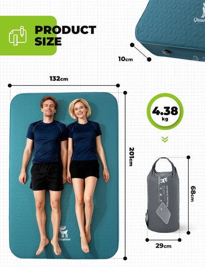 Inflatable matress with dimensions and weight displayed, showing a couple lying on it.