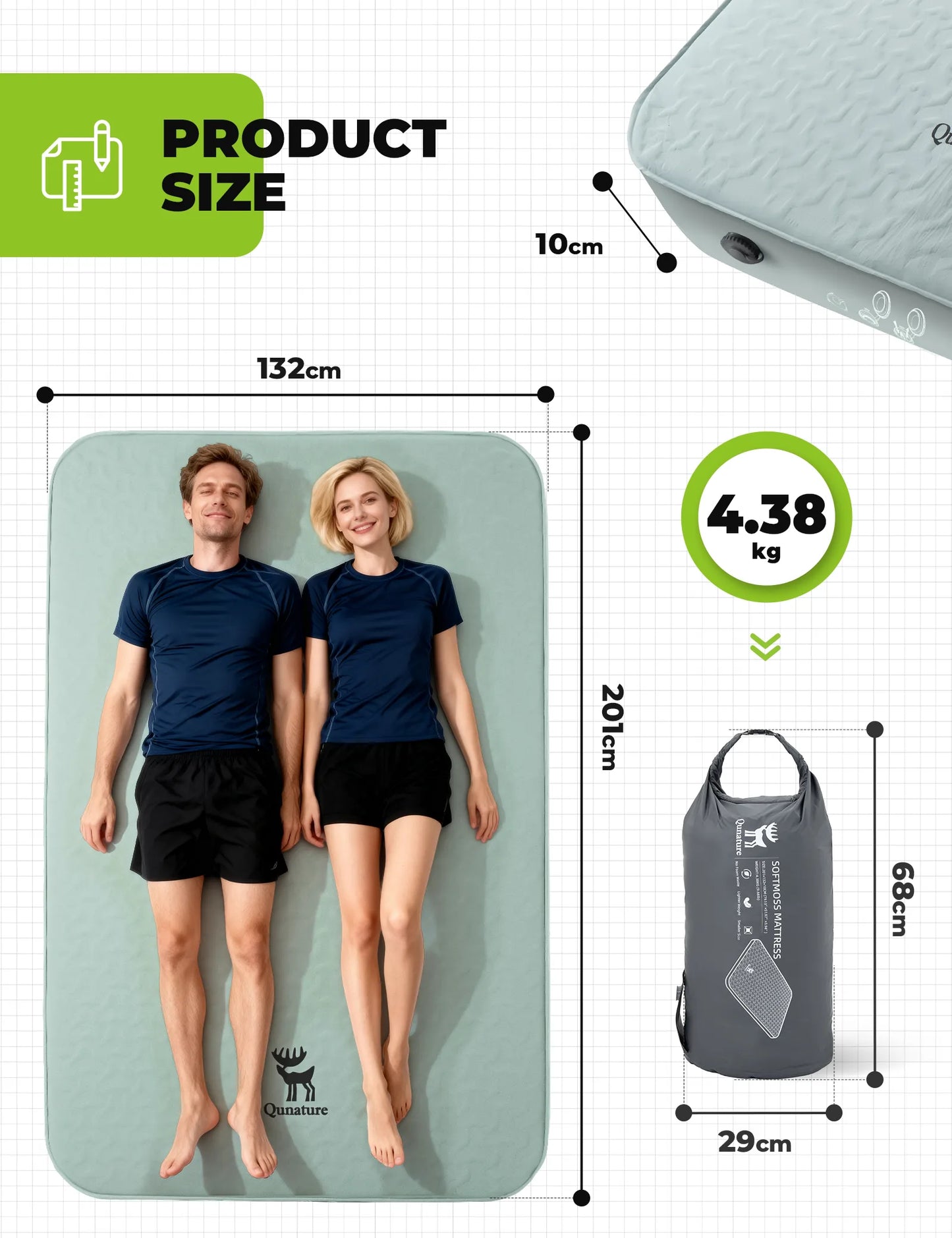 Inflatable matress with dimensions and weight displayed, showing two people lying on it.