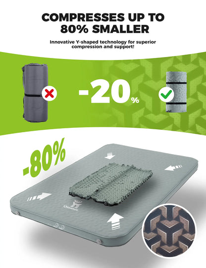 Product with text indicating compression benefits and Y-shaped technology on a green and white background