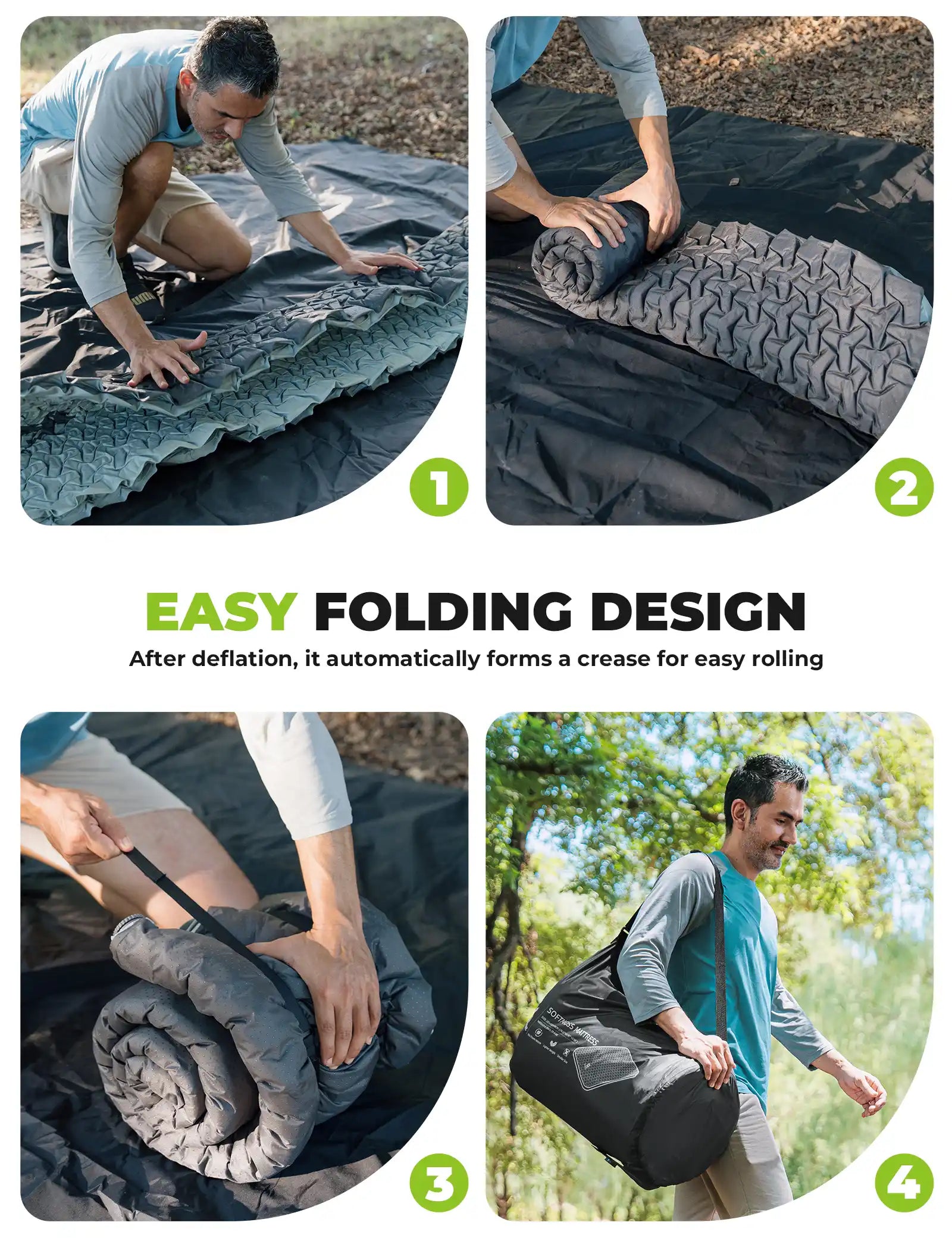 Step-by-step process of folding and carrying a camping mattress with text 'Easy Folding Design'.