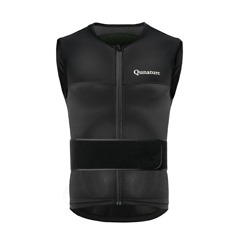 A black ski back vest with a front zipper and the brand 'Qunature' written on the upper front.