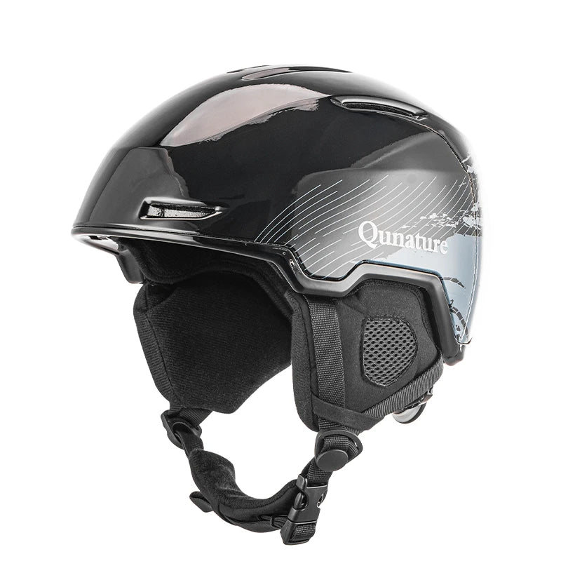 A black Qunature ski helmet with adjustable ventilation and a detachable liner, designed for winter sports.