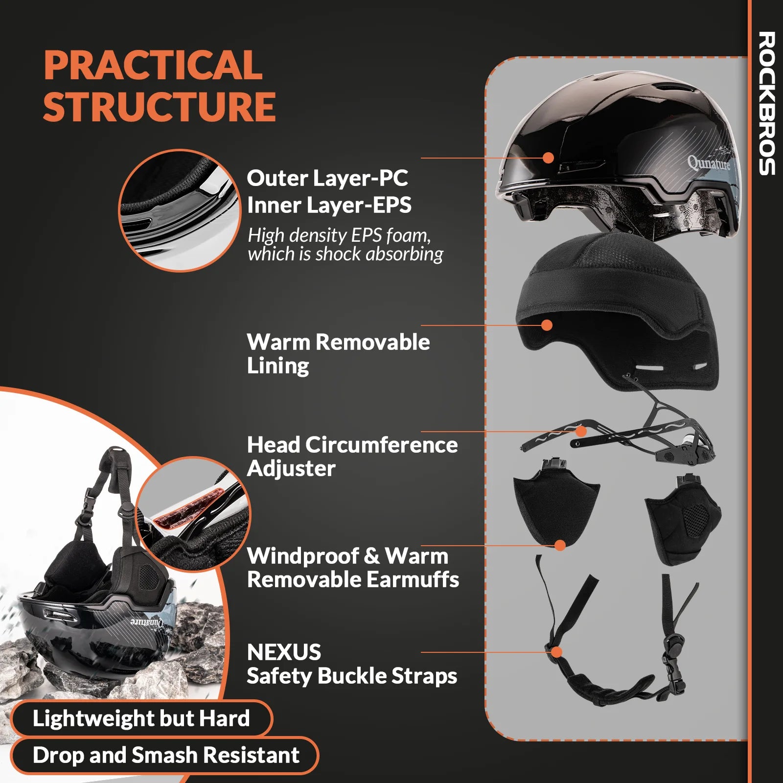 Black helmet with features highlighted on a dark background, including outer layer-PC, inner layer-EPS, warm removable lining, head circumference adjuster, windproof & warm removable earmuffs, Nexus safety buckle straps, and drop and smash resistant design.