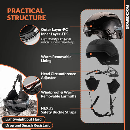 Black helmet with features highlighted on a dark background, including outer layer-PC, inner layer-EPS, warm removable lining, head circumference adjuster, windproof & warm removable earmuffs, Nexus safety buckle straps, and drop and smash resistant design.
