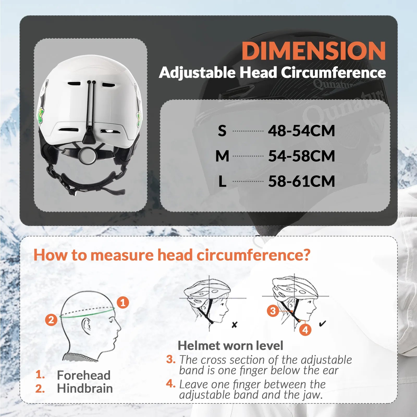 Helmet size chart with adjustable head circumference measurement guide on a light blue background.
