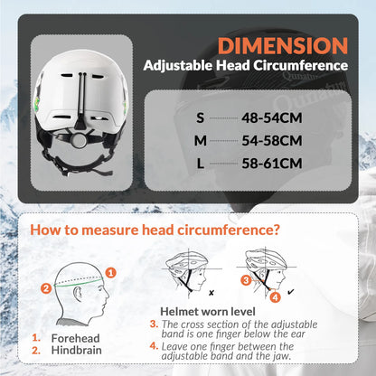 Helmet size chart with adjustable head circumference measurement guide on a light blue background.