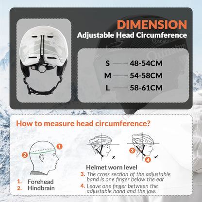 Helmet size chart with adjustable head circumference measurement guide on a snowy background