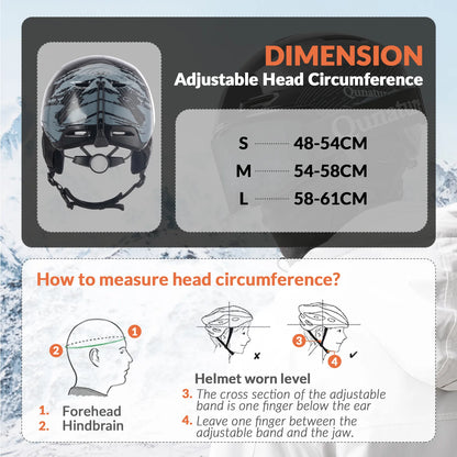 Helmet size chart with adjustable head circumference measurements and instructions on how to measure head circumference.