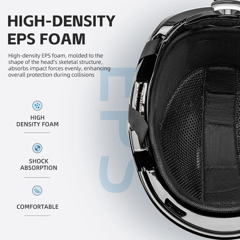 Close-up of a helmet interior with high-density EPS foam, text explaining its benefits.