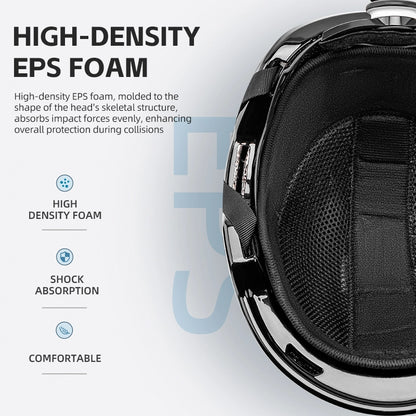 Close-up of a helmet interior with high-density EPS foam, text explaining its benefits.