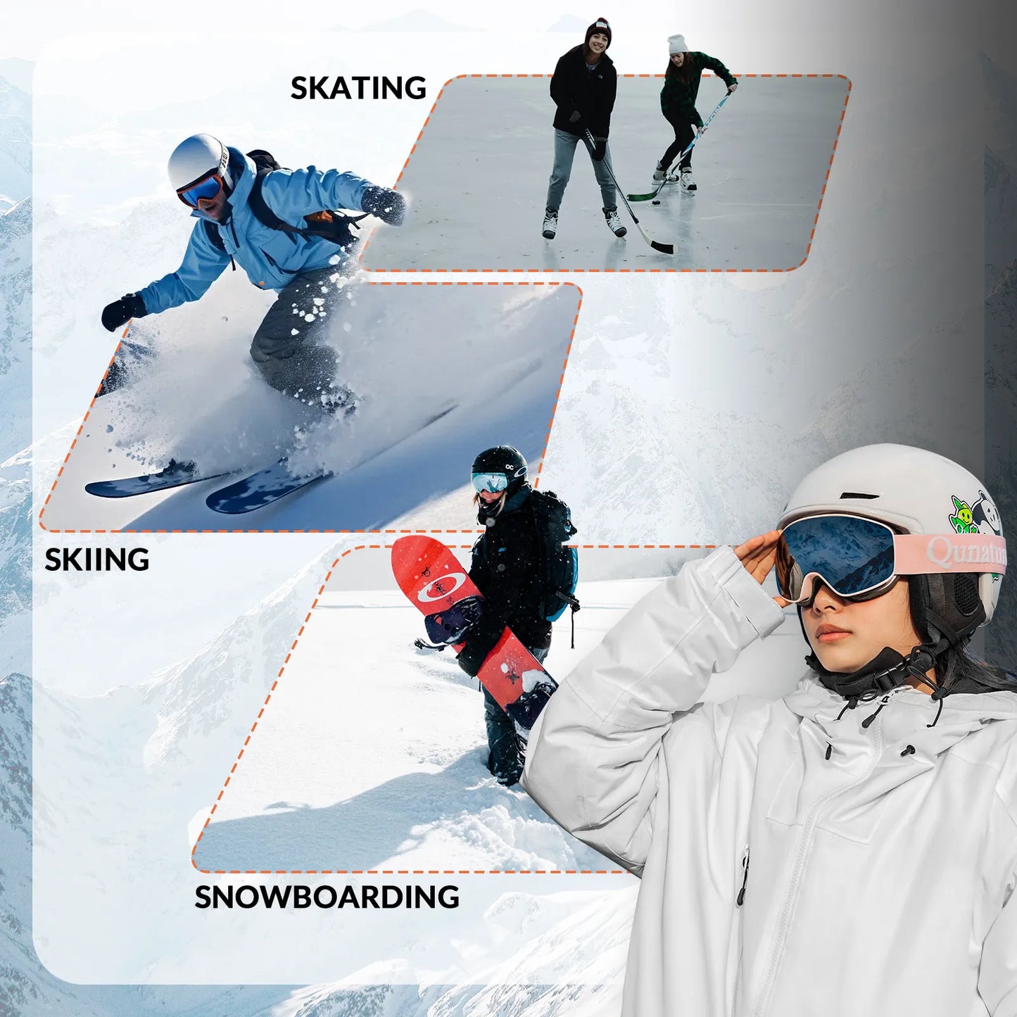 Person in winter sports gear with skiing, skating, and snowboarding activities depicted.