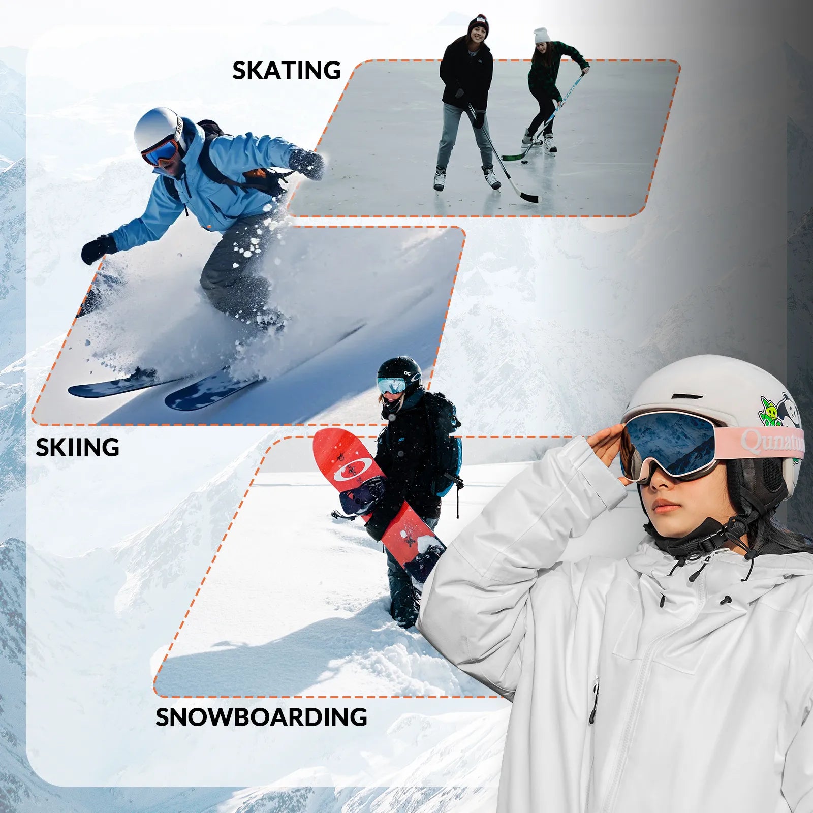 Person in winter sports gear with skiing, skating, and snowboarding activities depicted.