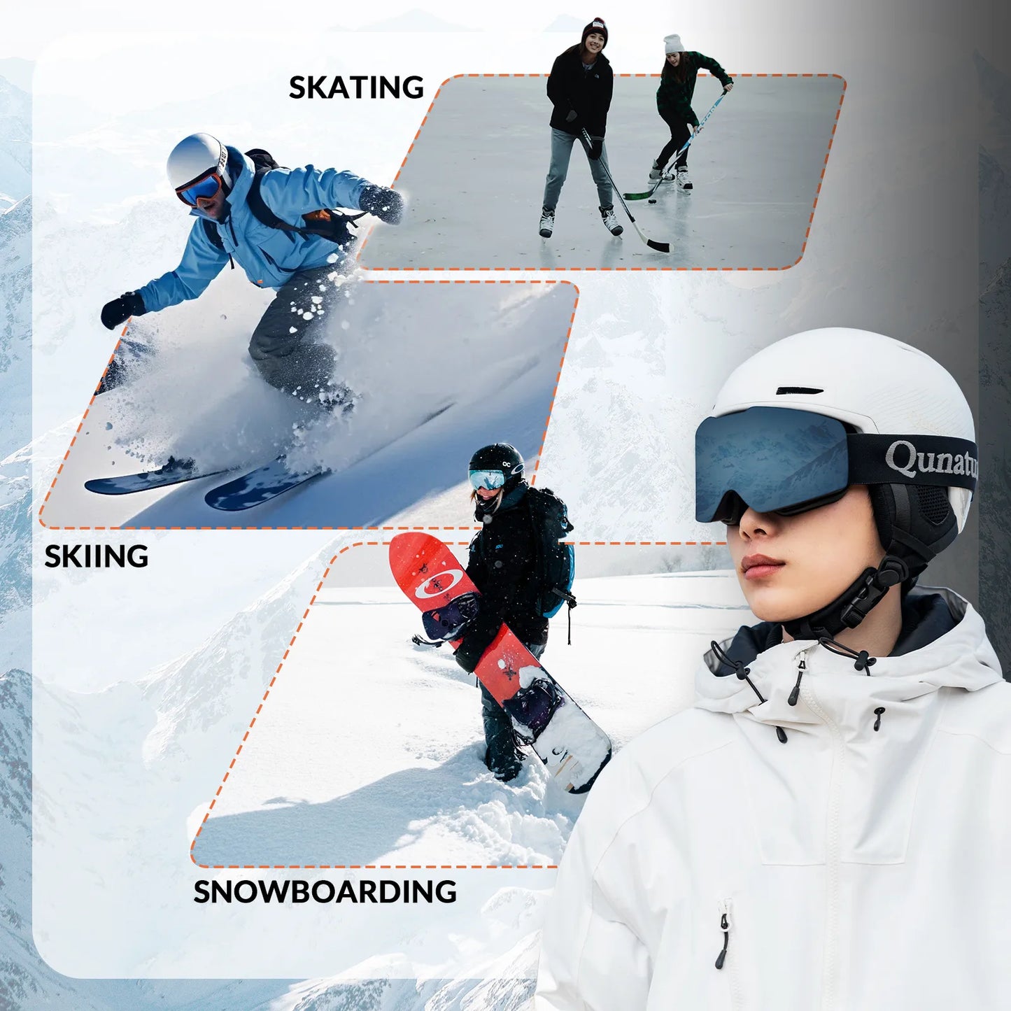 Person in winter sports gear with skiing, skating, and snowboarding activities depicted.