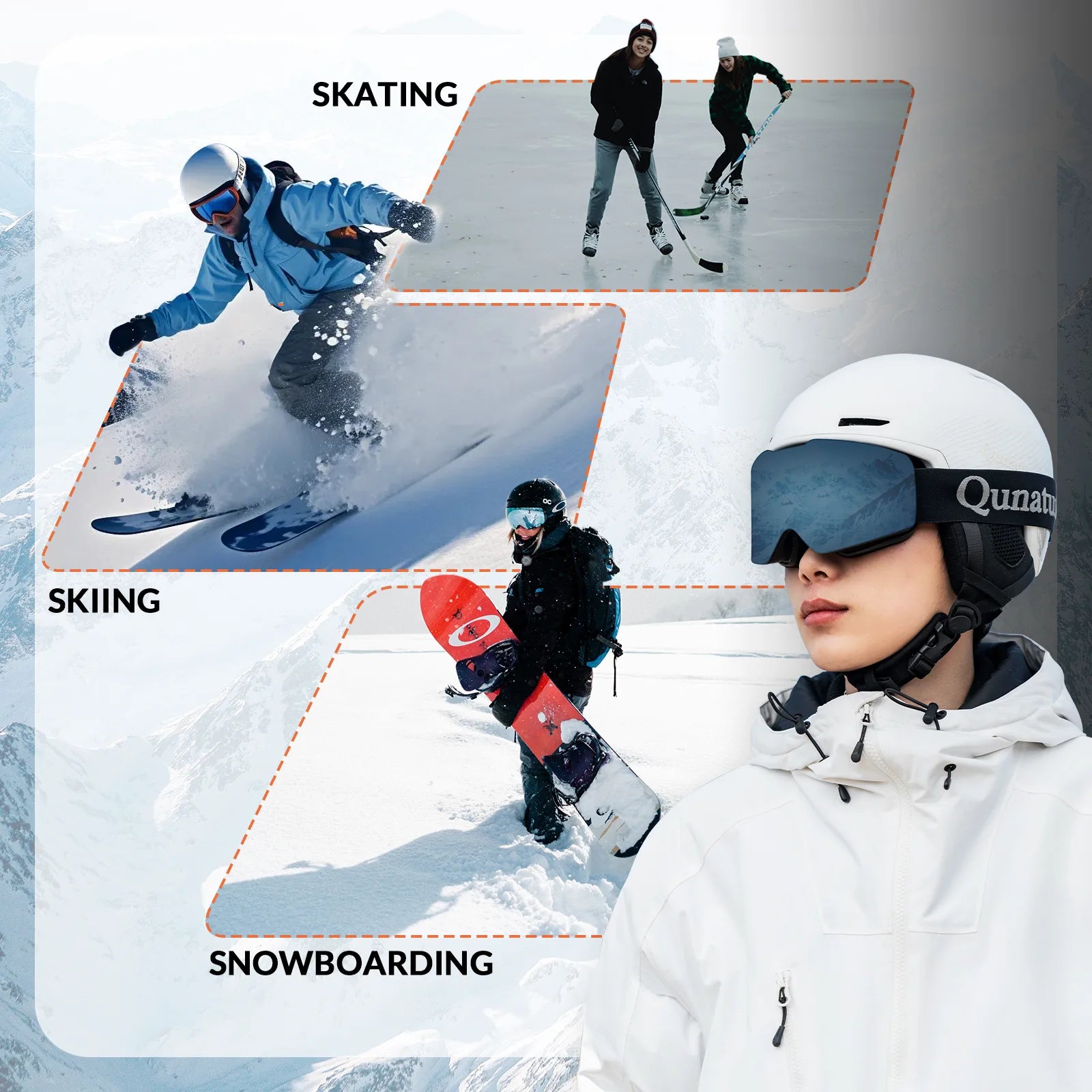Person in winter sports gear with skiing, skating, and snowboarding activities depicted.