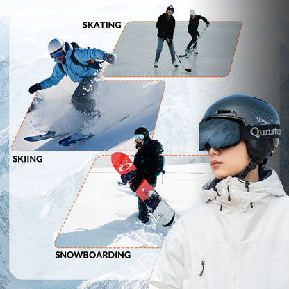 Person in winter sports gear with skiing, skating, and snowboarding activities depicted.