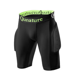 Black athletic shorts with green waistband and 'Qunature' branding on a white background