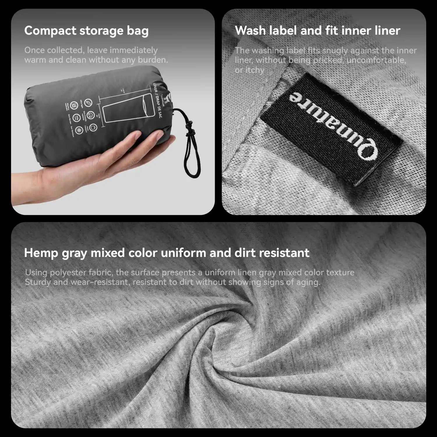 Collage of a compact storage bag, wash label, and fabric texture with brand name.