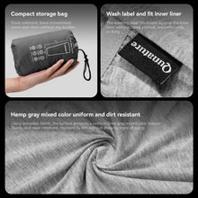 Collage of a compact storage bag, wash label, and fabric texture with brand name.