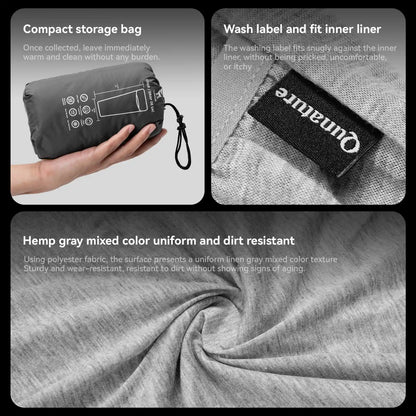 Collage of a compact storage bag, wash label, and fabric texture with brand name.