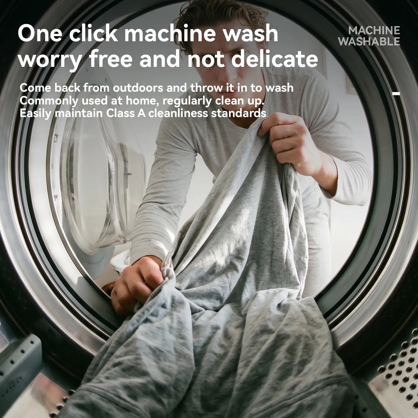 Person loading clothes into a washing machine with text about machine washability.
