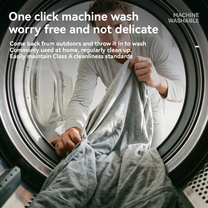 Person loading clothes into a washing machine with text about machine washability.