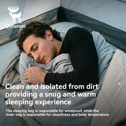Man sleeping in a sleeping bag with text about cleanliness and comfort