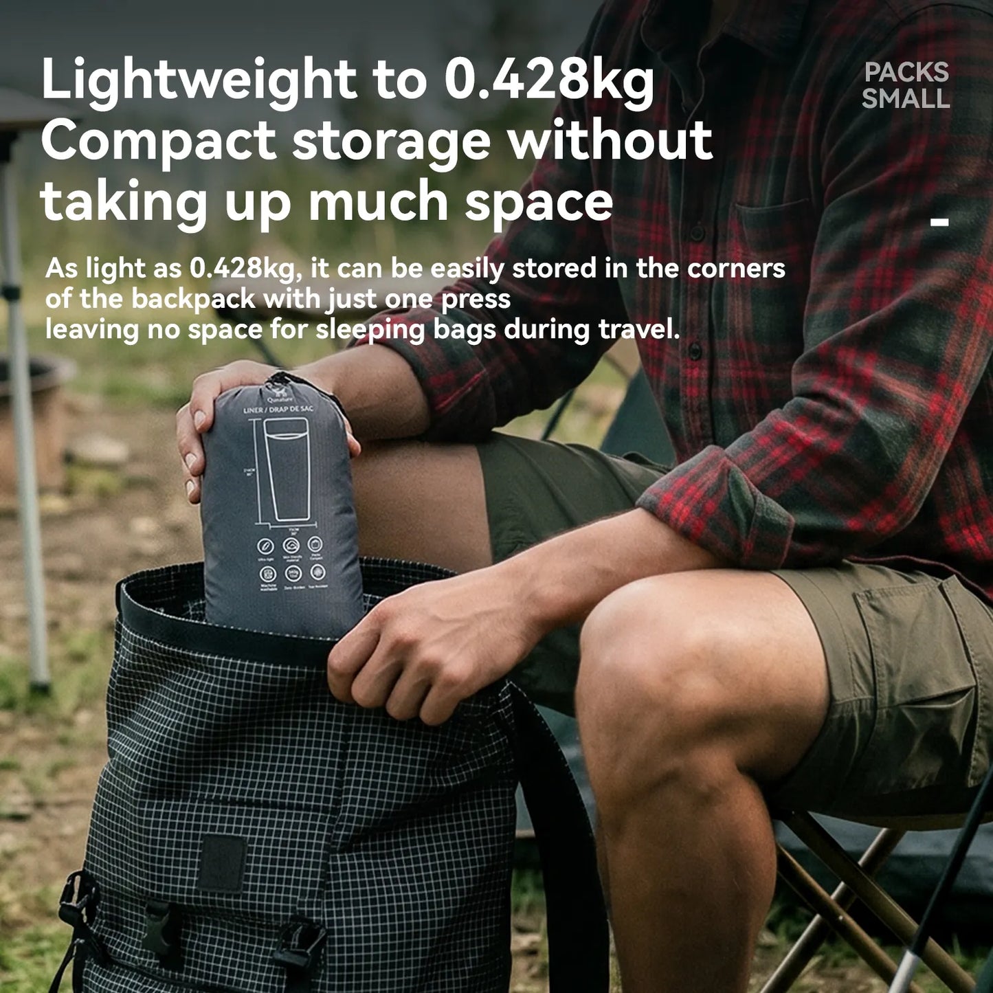 Person holding a compact sleeping bag with text about its lightweight and compact storage.