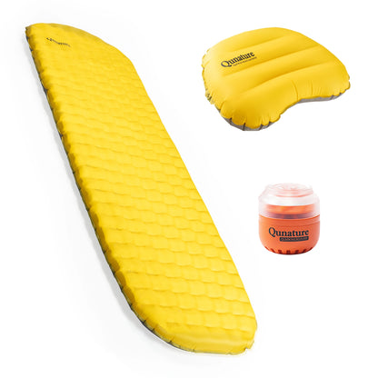 Yellow Qunature camping sleeping pad shown flat on a white background, with a matching yellow inflatable pillow and a small orange Qunature pump included.