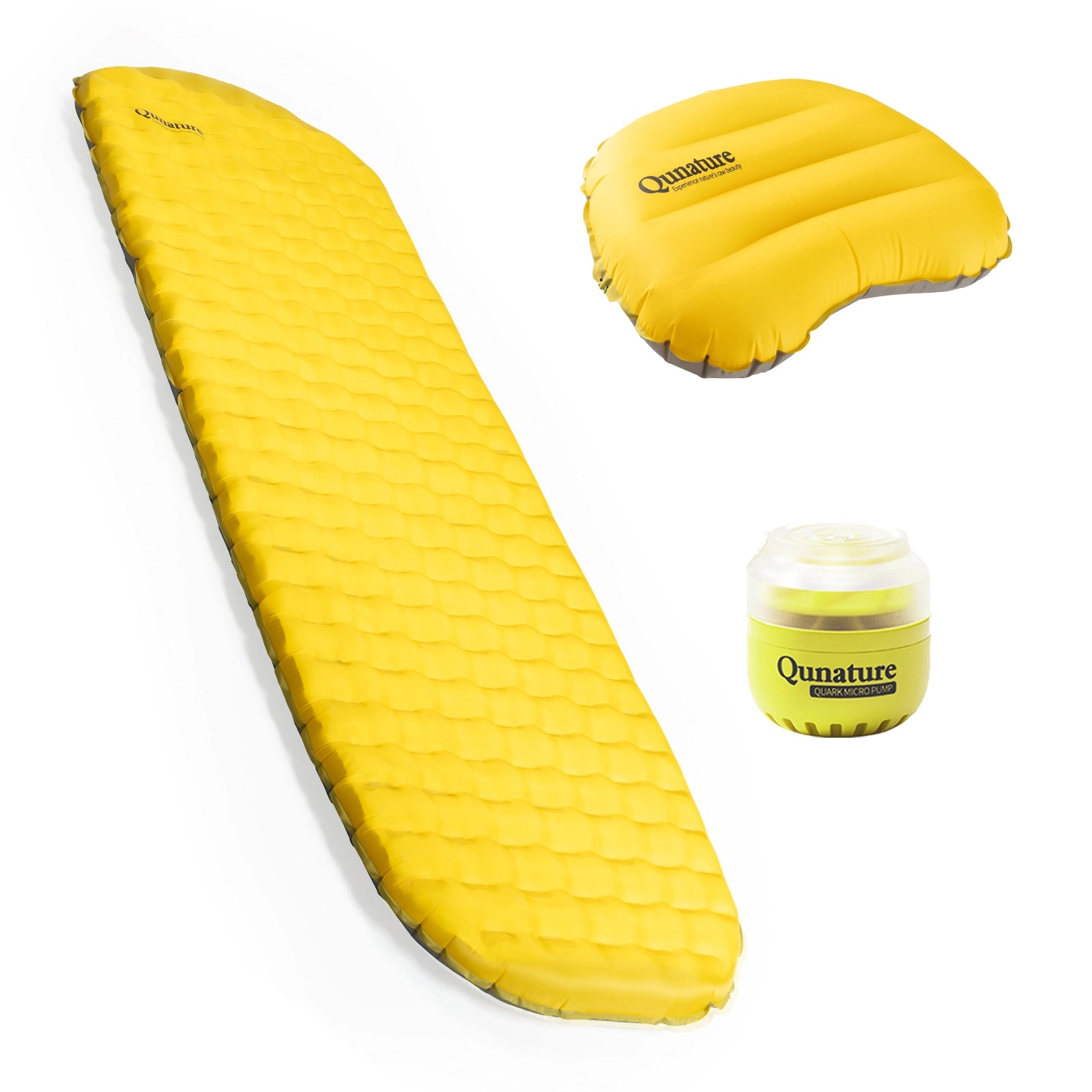 Yellow Qunature camping sleeping pad shown inflated, with a deflated pad and a yellow pump included on a clean white background.