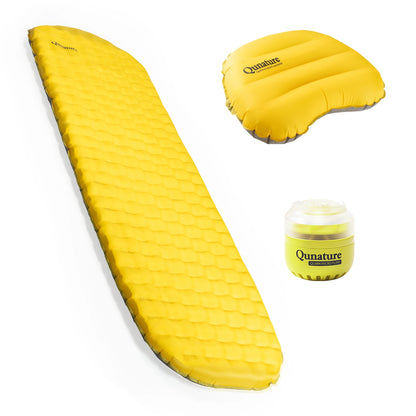 Yellow Qunature camping sleeping pad shown inflated, with a deflated pad and a yellow pump included on a clean white background.