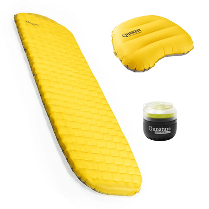 Yellow Qunature camping sleeping pad shown with its matching inflatable pillow and pump on a clean white background.