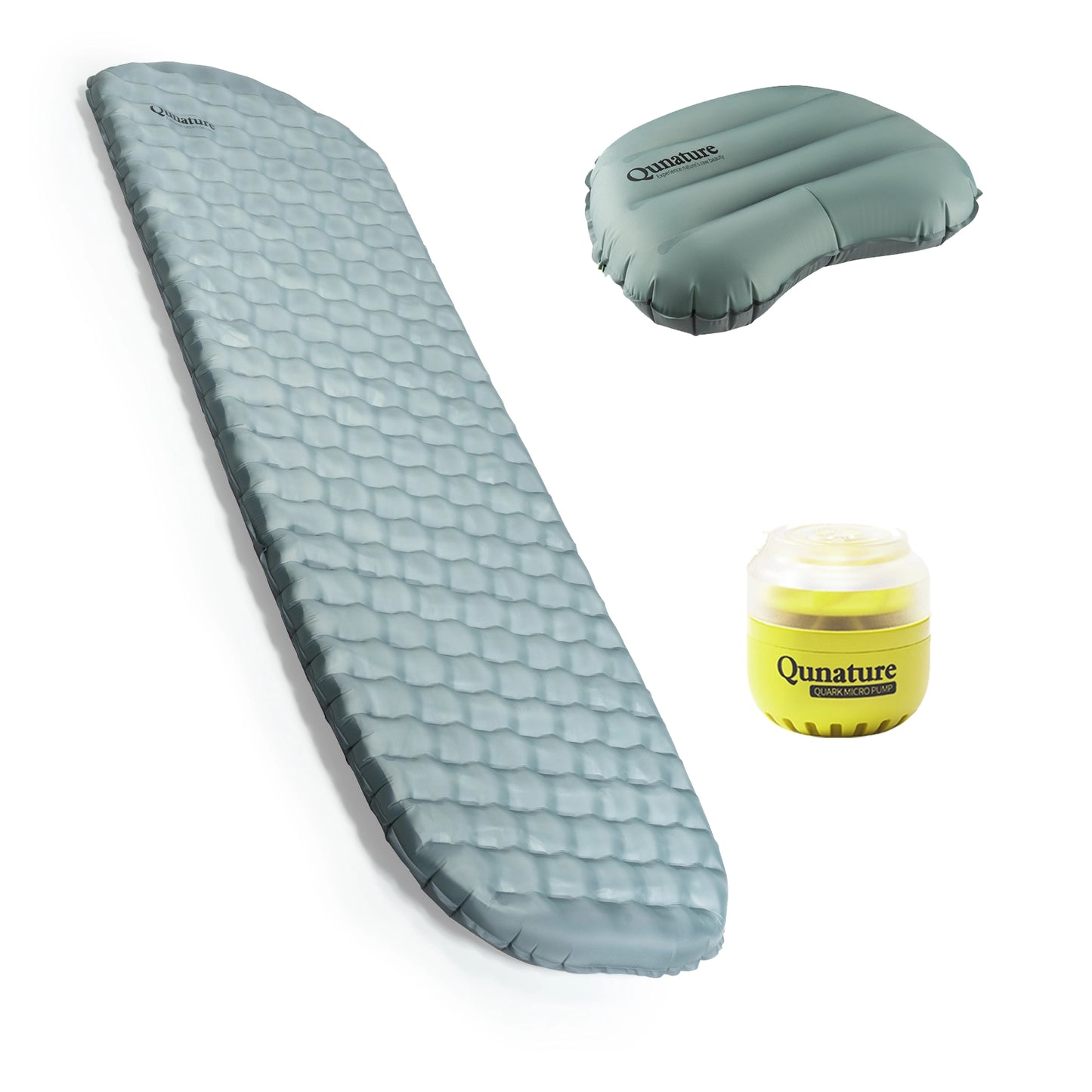 An inflatable camping sleeping pad in a muted blue-gray color with a honeycomb texture, shown alongside its matching inflatable pillow and a yellow Qunature pump on a white background.
