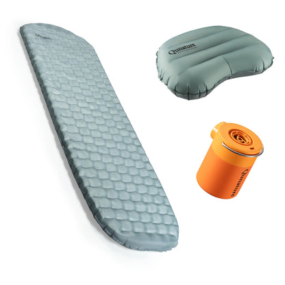 Camping mattress, pillow, and pump set on a white background