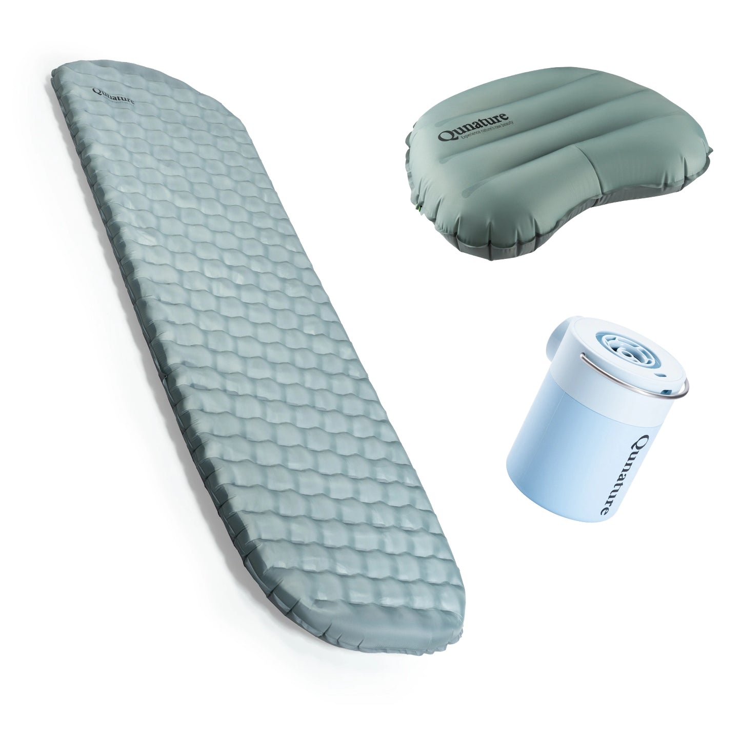 Set of Quinault inflatable sleeping pad and pillow on a white background