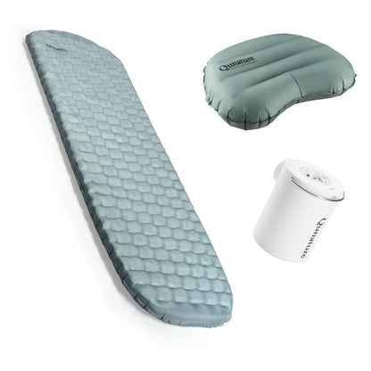 Set of Qunature inflatable sleeping pad, pillow, and roll on a white background