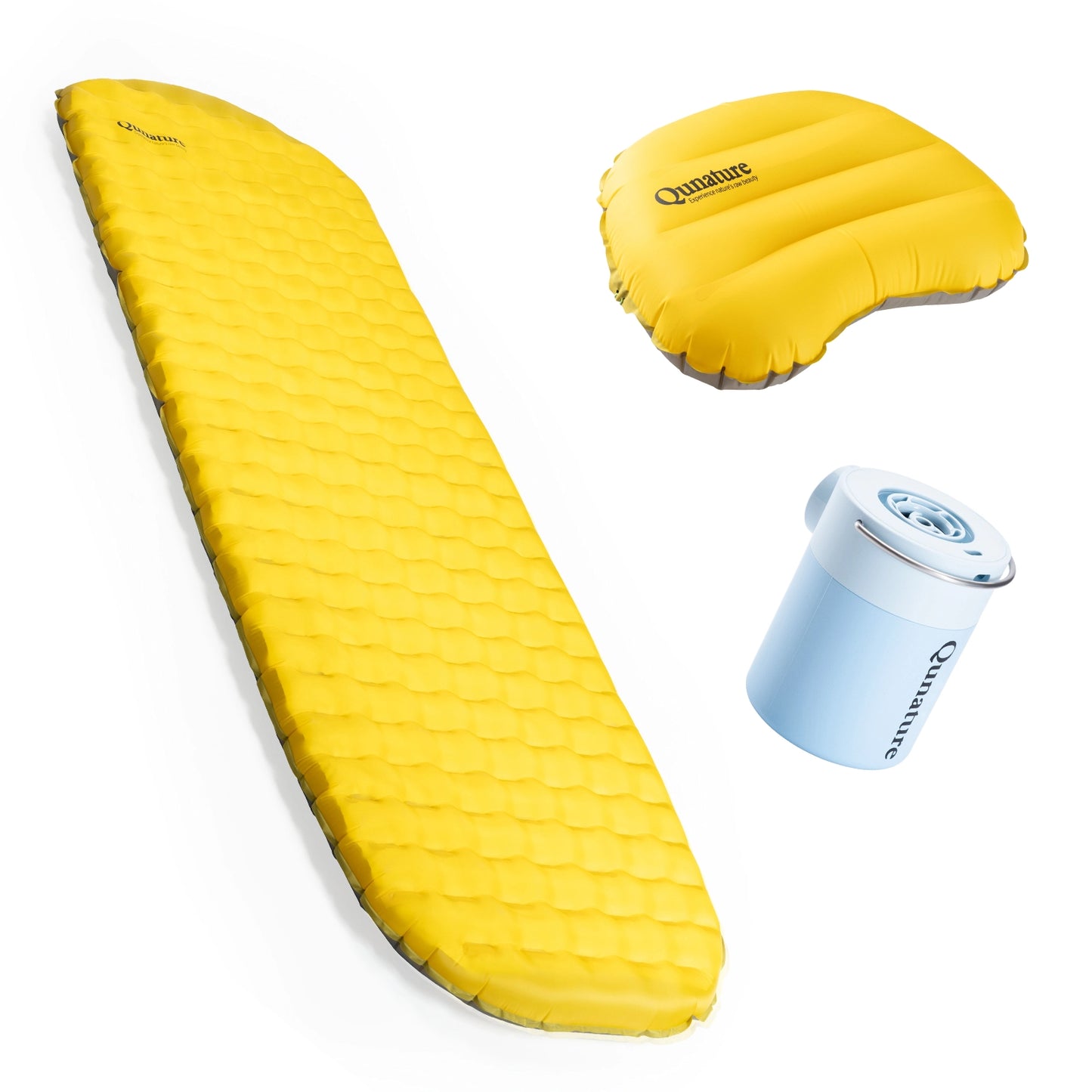 Yellow inflatable camping mat with pillow and pump on a white background