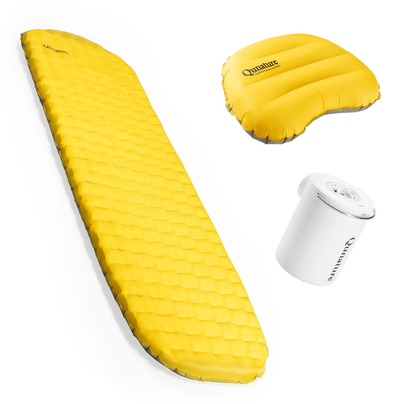 Yellow camping mattress, pillow, and pump set on a white background