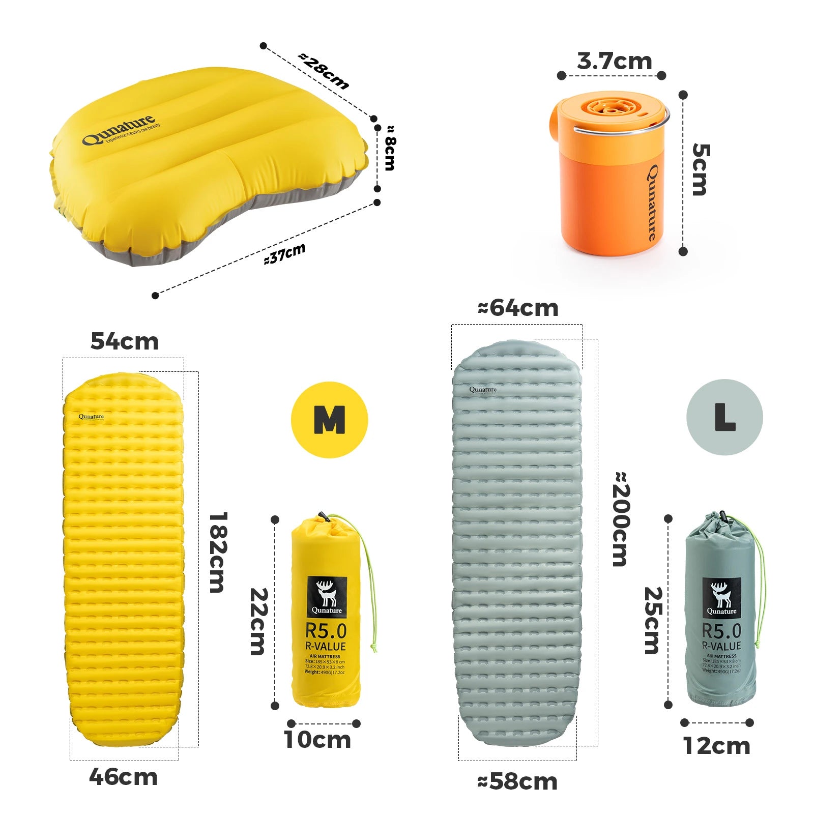 Inflatable sleeping pad and pillow with dimensions on a white background