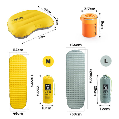 Inflatable sleeping pad and pillow with dimensions on a white background