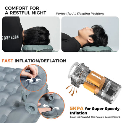 Inflatable pillow with pump and features highlighted on a white background