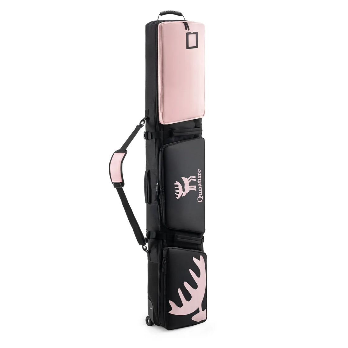 A pink snowboard bag with PU wheels