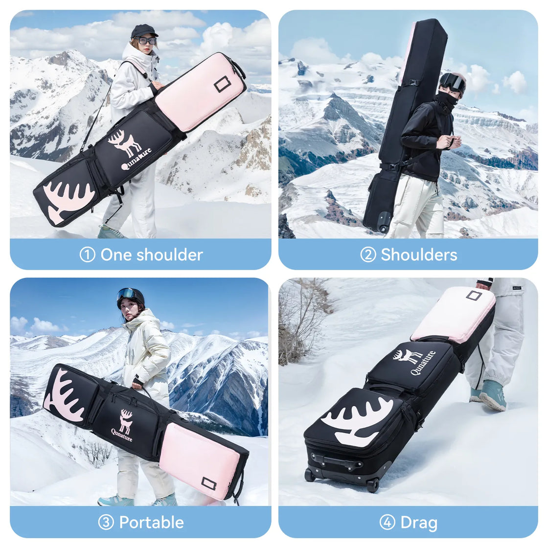 This pink snowboard bag with PU wheels has four different carrying methods
